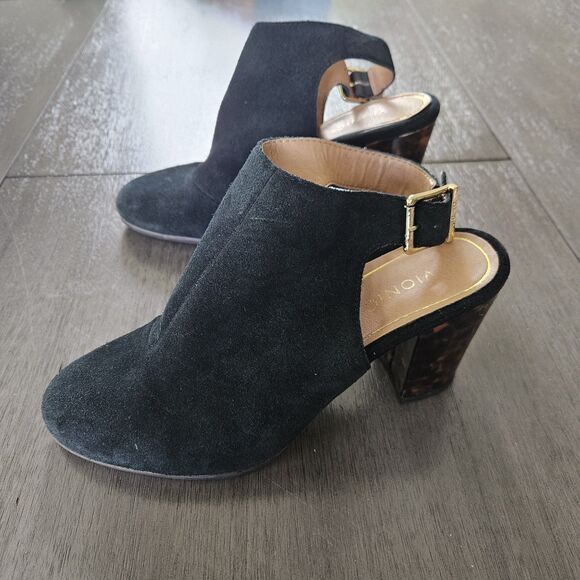 Vionic Lacey Tortoise Heeled Boot Womens 8.5 Black Suede Ankle Open Slingback - Picture 2 of 7